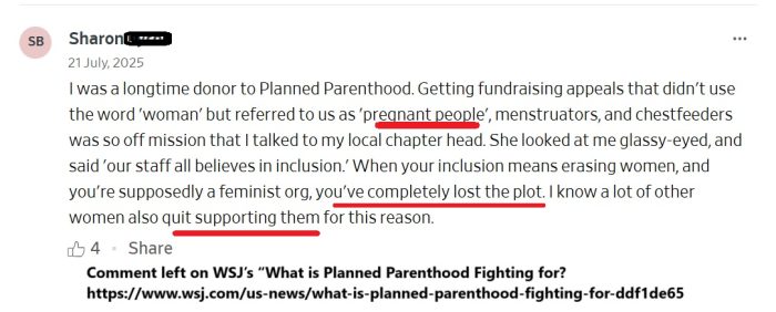 Planned Parenthood erases women uses pregnant people WSJ comment