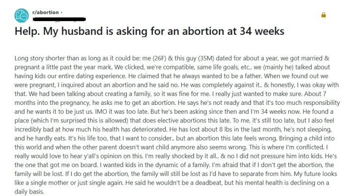 Reddit post on abortion at 34 weeks