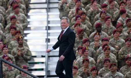 FORT BRAGG, NORTH CAROLINA - JUNE 10: U.S. Secretary of the Army Dan Driscoll walks on stage during a celebration open to the public in honor of the 250th anniversary of the U.S. Army on June 10, 2025 in Fort Bragg, North Carolina. U.S. President Donald Trump traveled to Fort Bragg Army base to observe a military demonstration and give remarks in honor of the anniversary. (Photo by Melissa Sue Gerrits/Getty Images)