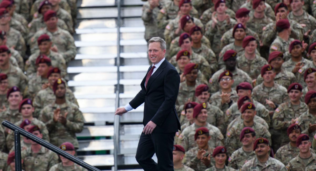FORT BRAGG, NORTH CAROLINA - JUNE 10: U.S. Secretary of the Army Dan Driscoll walks on stage during a celebration open to the public in honor of the 250th anniversary of the U.S. Army on June 10, 2025 in Fort Bragg, North Carolina. U.S. President Donald Trump traveled to Fort Bragg Army base to observe a military demonstration and give remarks in honor of the anniversary. (Photo by Melissa Sue Gerrits/Getty Images)
