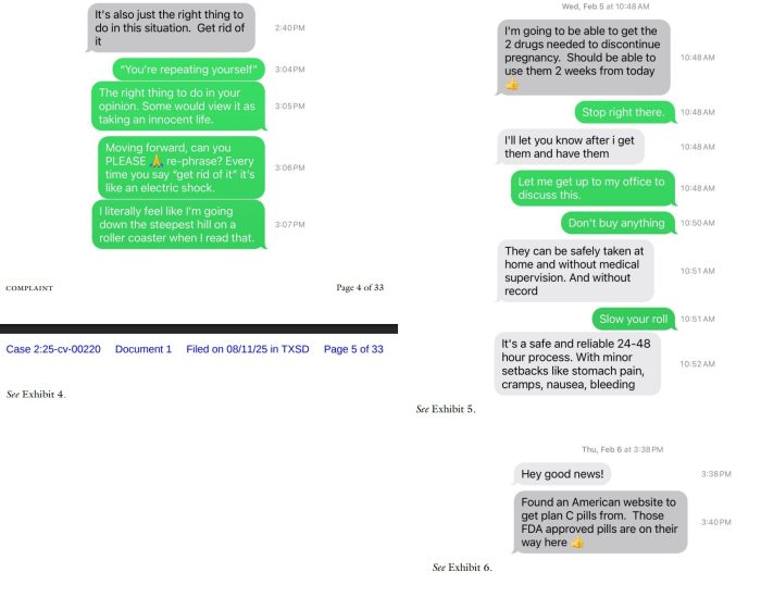 Abortion pill wrongful death lawsuit email exchange exhibits 4, 5, and 6