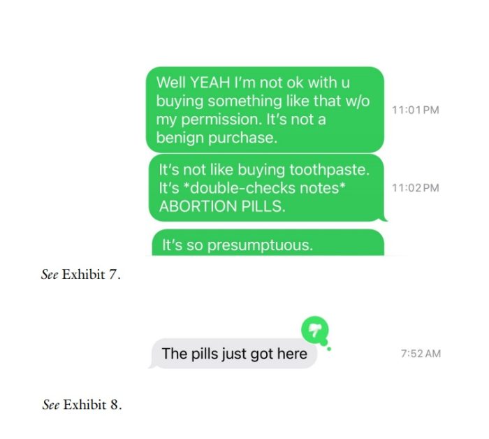 Abortion pill wrongful death lawsuit email exchange exhibits 7-8