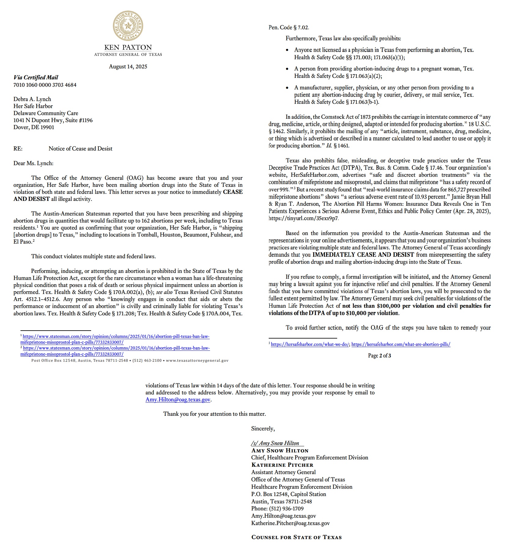 Cease and Desist letter on abortion pills to Debra Lynch Her Safe Harbor by State of Texas