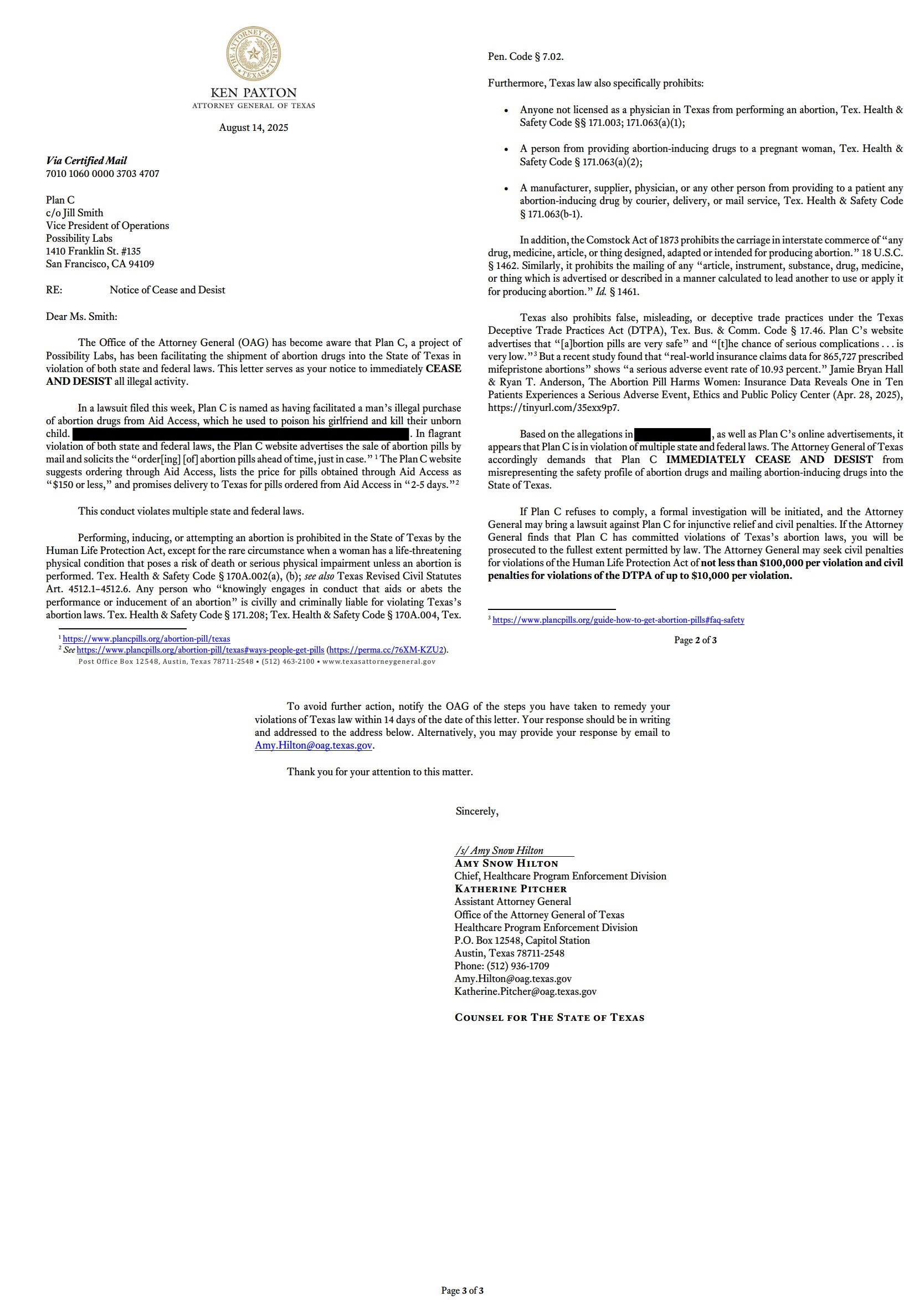 Cease and Desist letter on abortion pills to PlanC by State of Texas