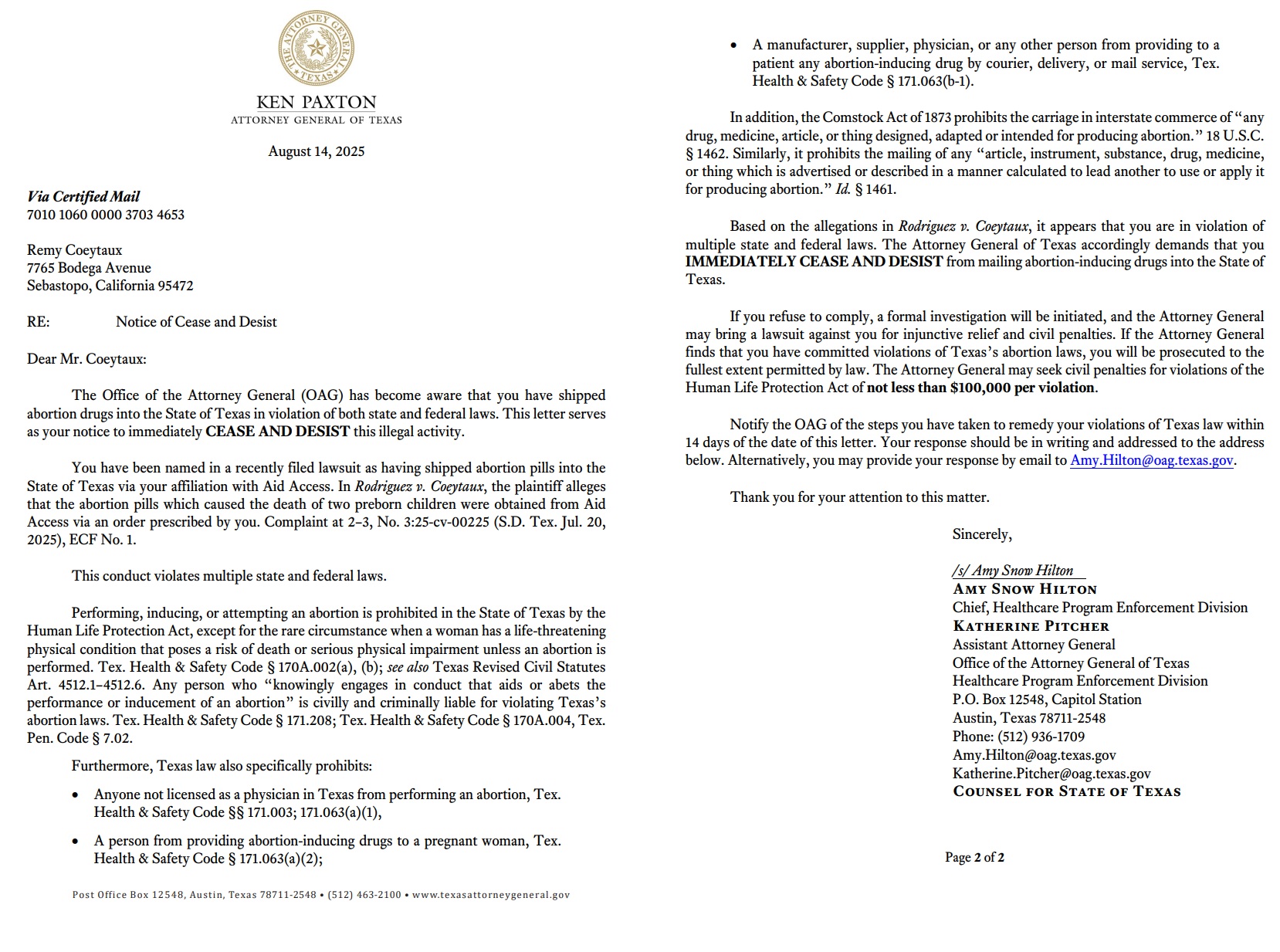 Cease and Desist letter on abortion pills to Remy Coeytaux by State of Texas